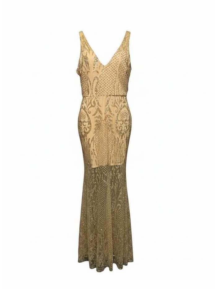 Gold Glitter Sleeveless V-Neck Gown